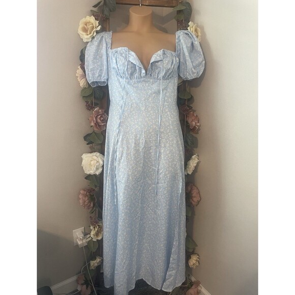 KUTUMAI Off Shoulder Puff Sleeve Floral Maxi Dress Sky Blue - Picture 5 of 9